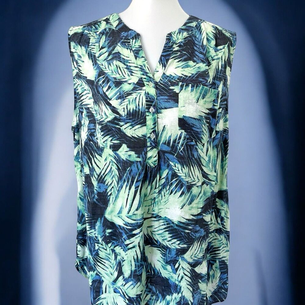 Kim Rogers Womens Leaf Palm Floral Sleeveless Split Neck Tank Top Rayon Plus 1X